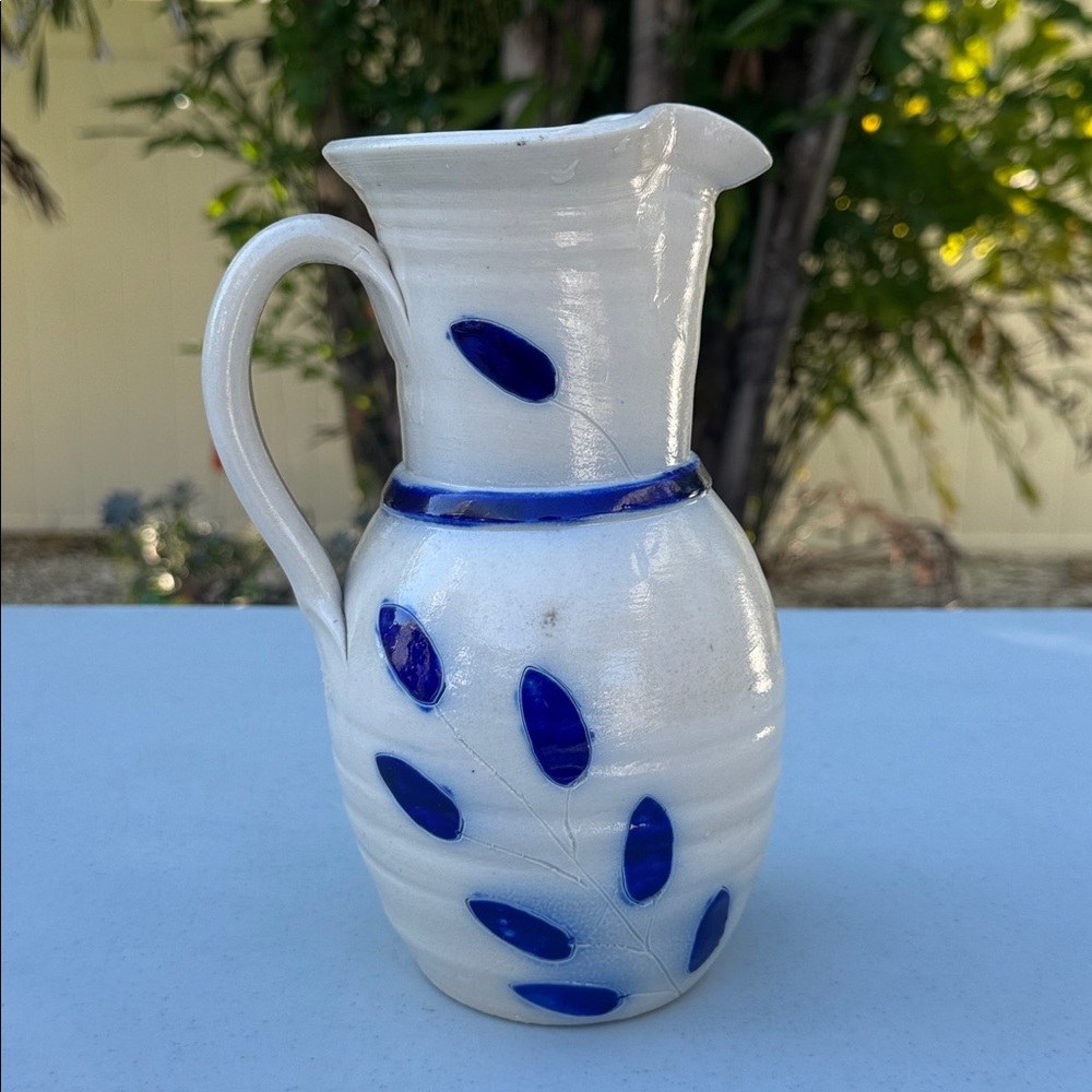Williamsburg Pottery White Ceramic Pitcher with Blue Floral Leaf Accents, Signed